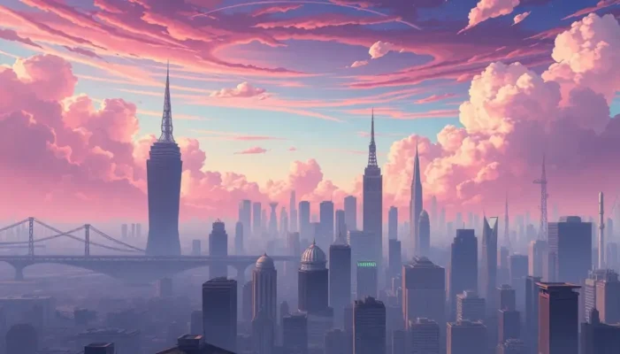 A skyline merging anime-style futuristic and classical architecture, signifying the intersection of literature and anime.