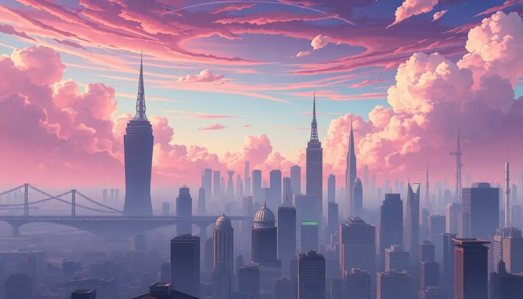 A skyline merging anime-style futuristic and classical architecture, signifying the intersection of literature and anime.