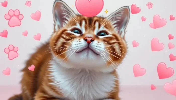 Playful cat surrounded by heart-shaped paw prints and anime-style sparkles.