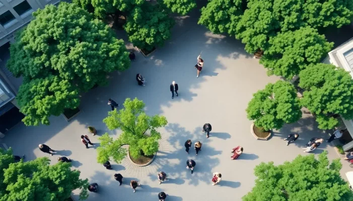 A city square with dense tree coverage and people moving around, showcasing the blend of nature and urban life.