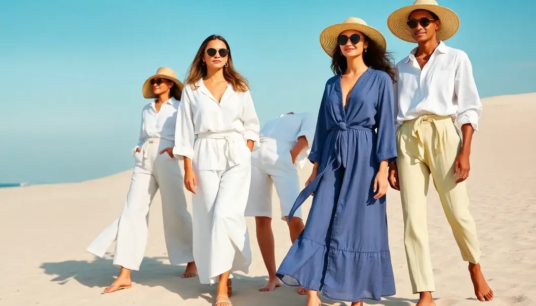 A display of linen and bamboo clothing on a beach, perfect for hot and humid climates.