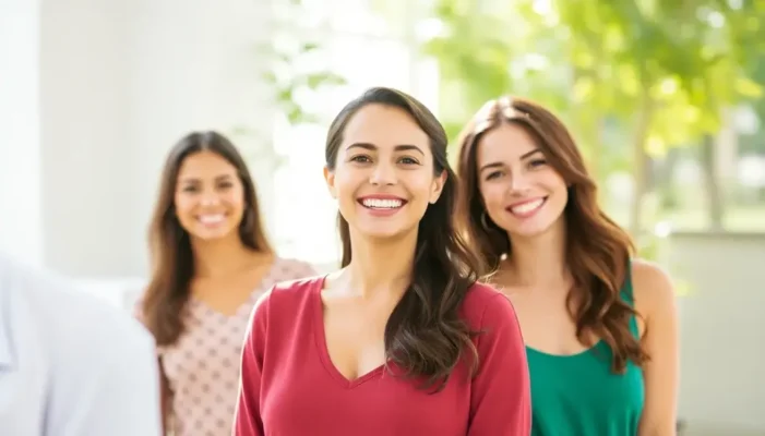 A new mom in different tops with various necklines, smiling confidently and standing in natural light.