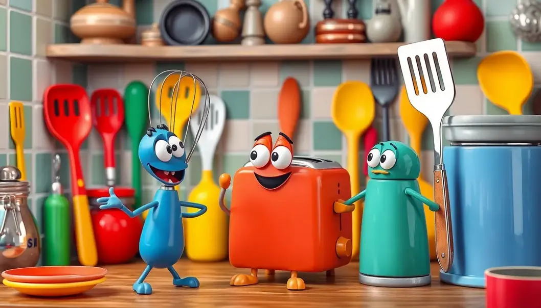 Animated kitchen utensils engaged in lively conversation.
