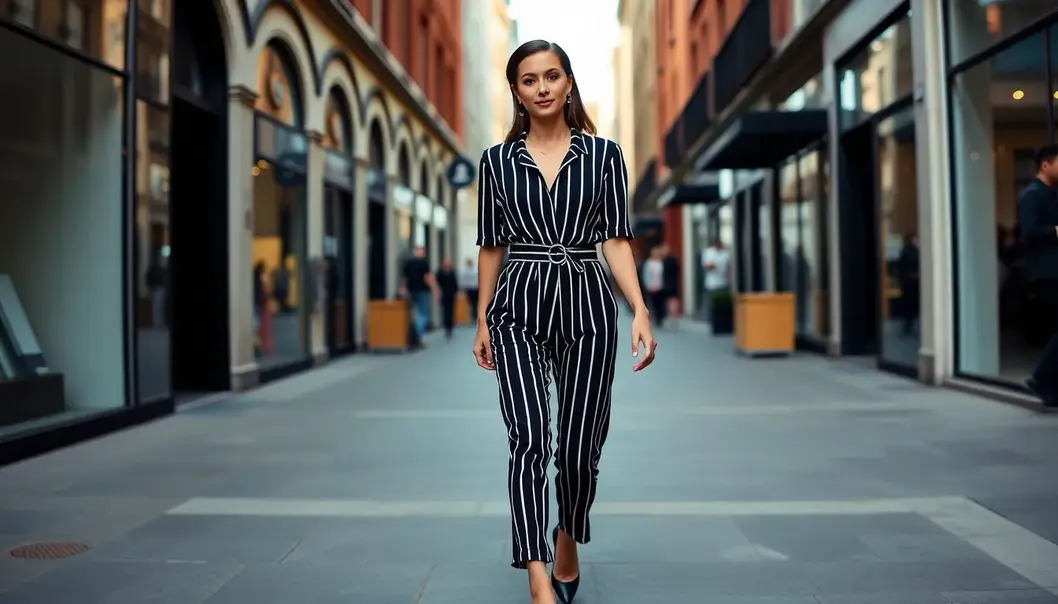A petite woman using vertical stripes and proportions to enhance height.