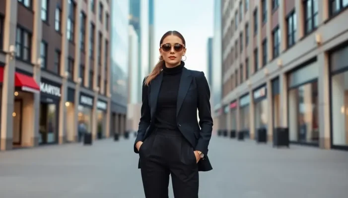 A stylish petite woman in a monochrome outfit, exemplifying tips to look taller.