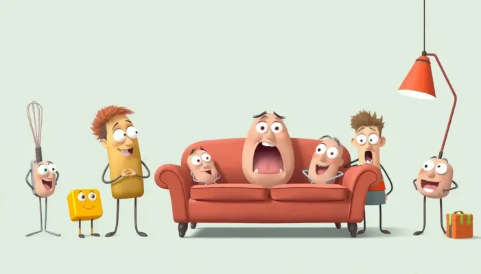 Whimsical depiction of talking everyday items with expressive faces.