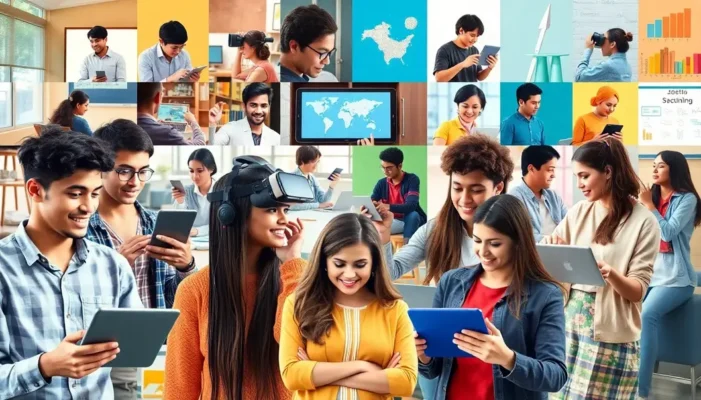 A colorful digital collage depicting students using technology like tablets, VR headsets, and digital boards in learning settings.