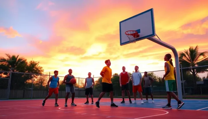 Teenagers practicing basketball in a cheerful outdoor setting.