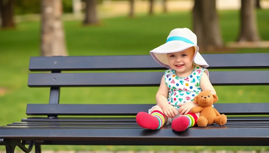A toddler in a vertical striped shirt enjoys playtime in a colorful garden.