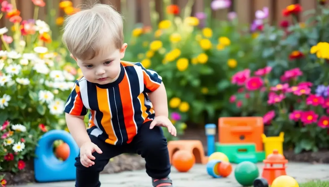 A toddler in a vertical striped shirt enjoys playtime in a colorful garden.