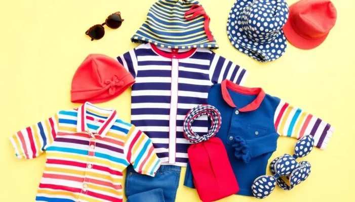 A selection of colorful toddler outfits with stripes and accessories.