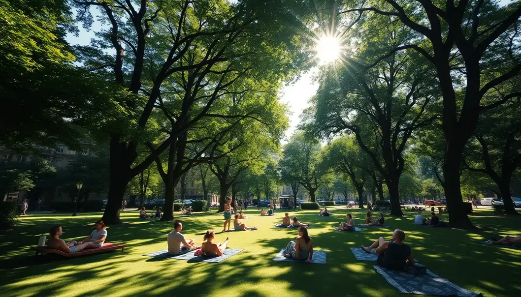 Trees in urban settings create a stunning natural backdrop for city fashion.
