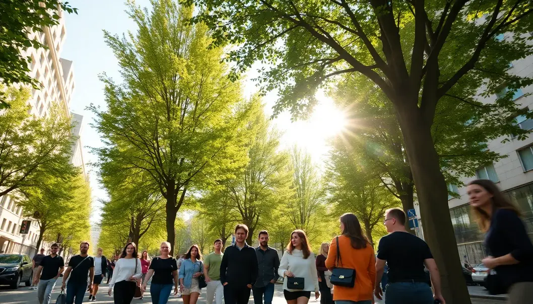 Trees in urban settings create a stunning natural backdrop for city fashion.